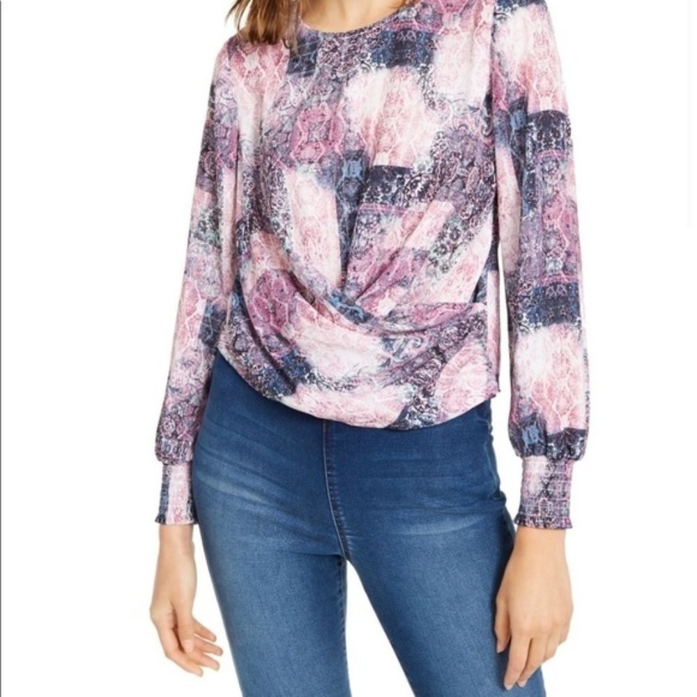 INC INTERNATIONAL CONCEPTS Purple Twist Front Draped Long Sleeve Blouse Medium